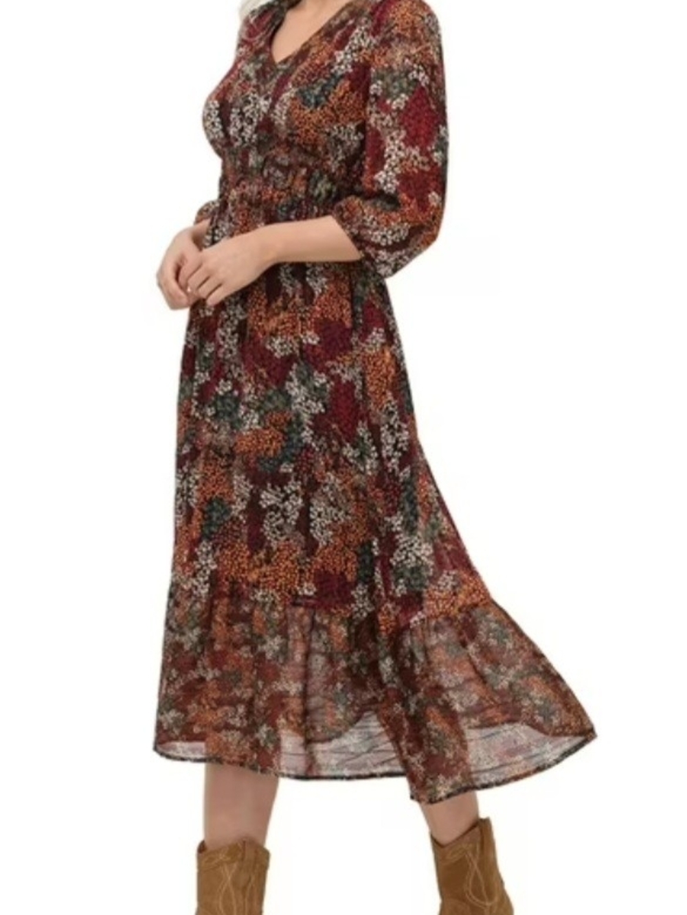 FRYE AND CO. V-Neck Floral Midi Dress in Burgundy and Brown